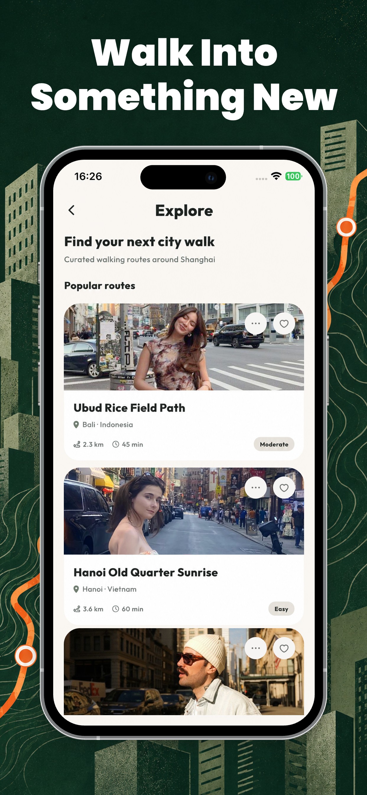 Plexo Explore screen with curated city walk routes