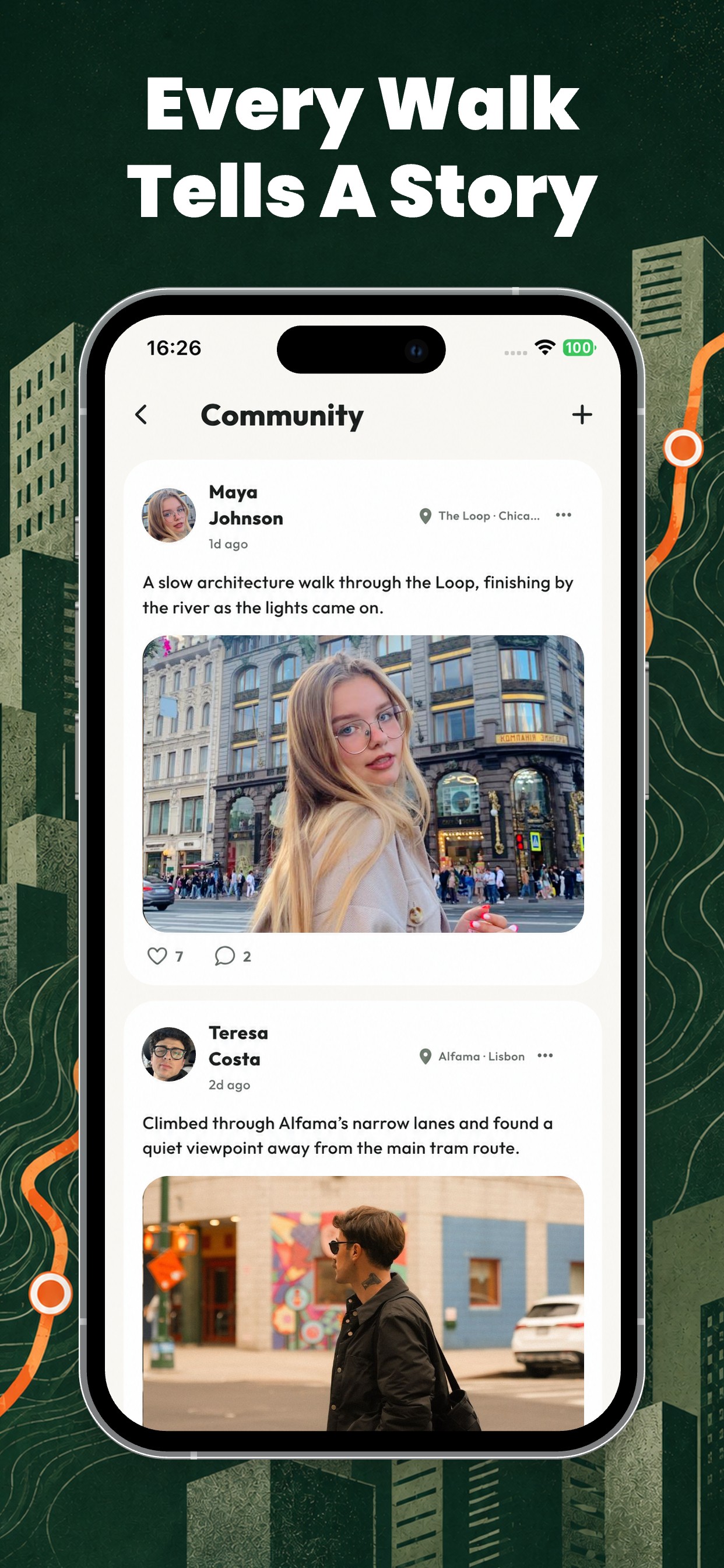 Plexo community feed showing city walk stories